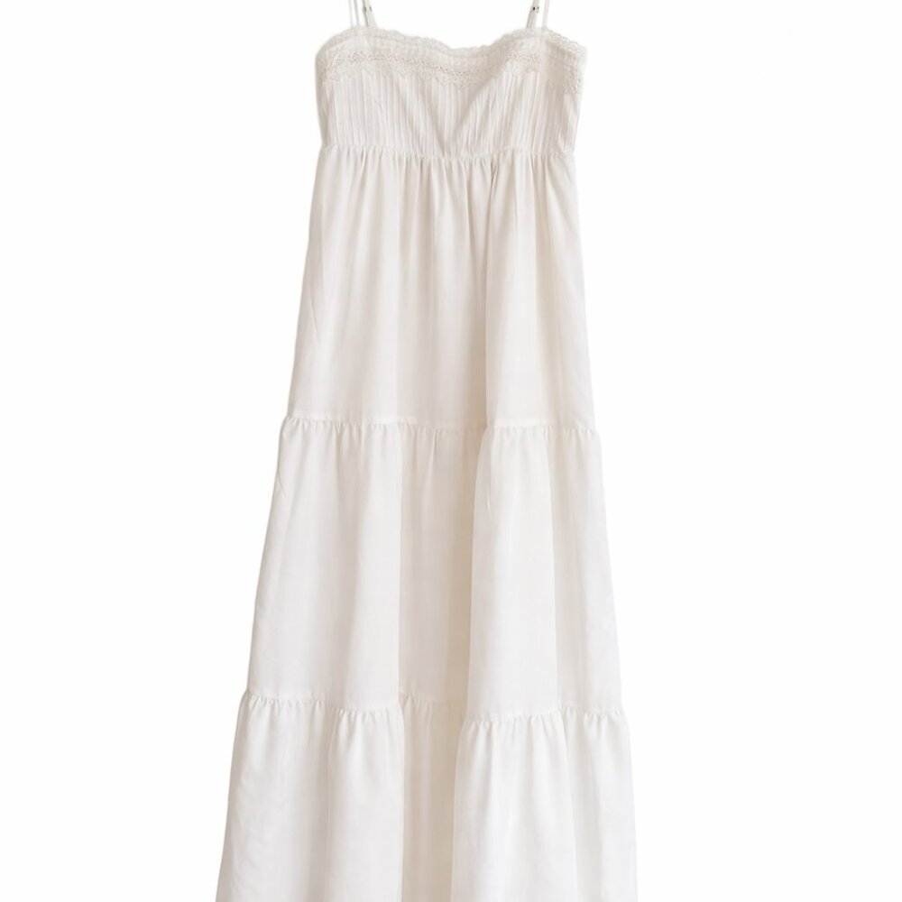 ZARA - White Lined Midi Dress with Lace Detail